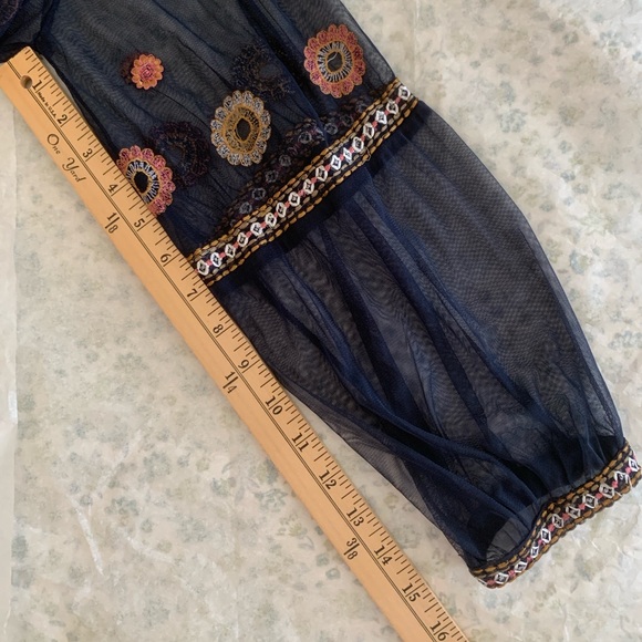 ZARA Basic Embroidered Sheer Mesh Boho Blouse Peplum Top Navy Size L - Picture 9 of 13